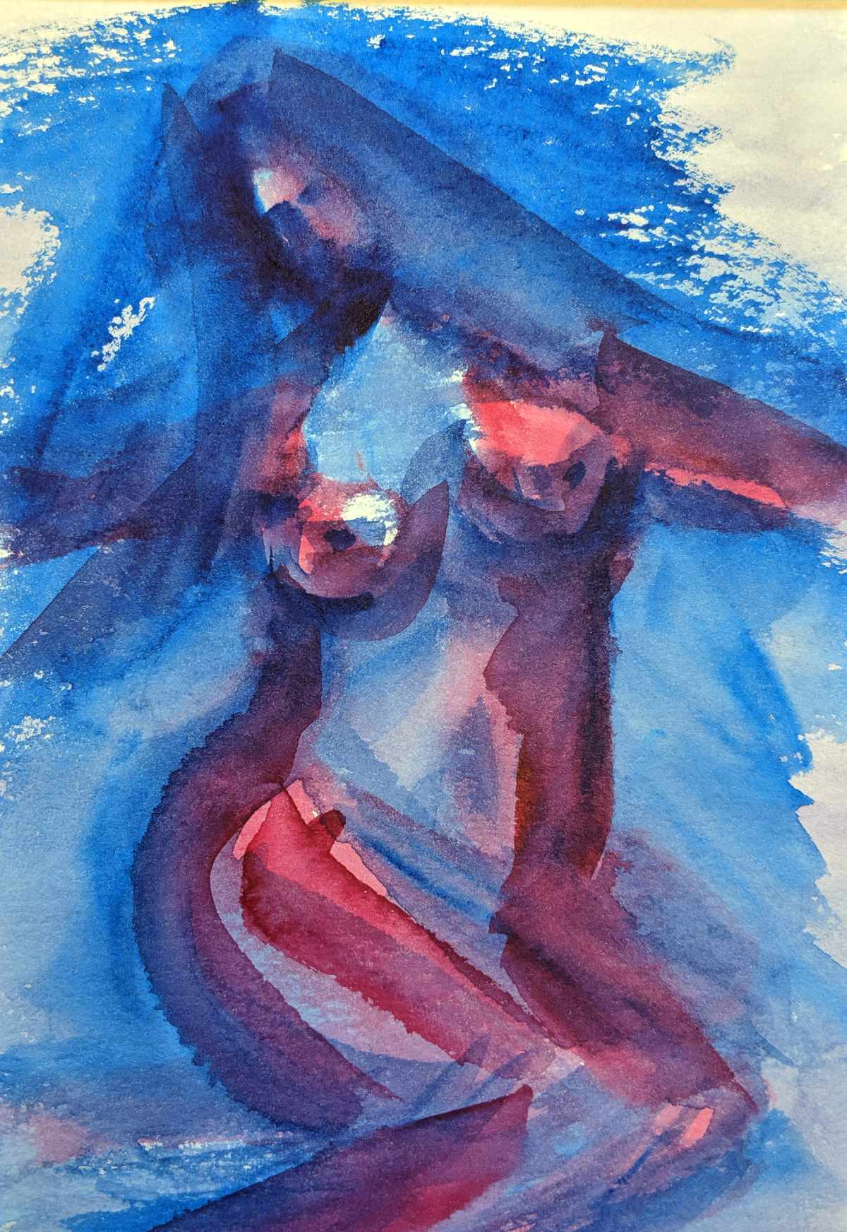 Watercolor figure painting of woman. primitive abstract style. Entitled 'Cult of the Mother Goddess'.